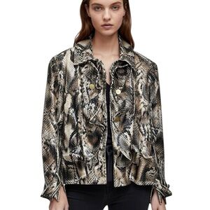 BIANCA NYGARD Faux Snakeskin Ruffled Moto Jacket